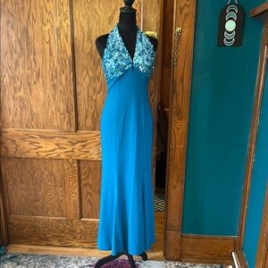 Niki Lavis Blue Embellished Halter Gown